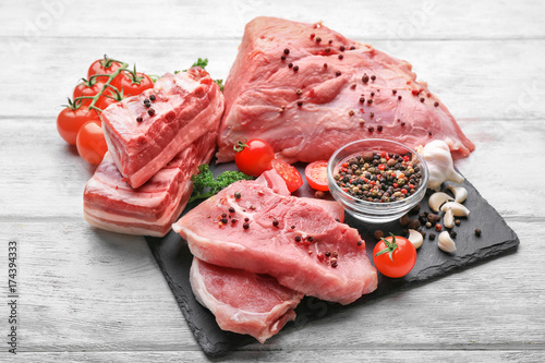 Εκτύπωση καμβά Slate plate with different types of meat on wooden table