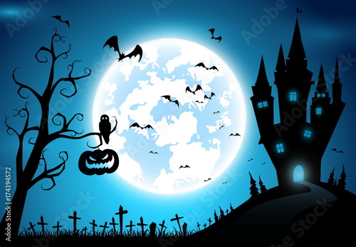 illustration background,festival halloween,full moon on dark night with many ghost and devil walking to castle for celebration halloween day