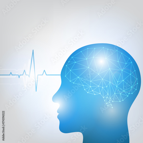Human head and brain. Different kind of waveforms produced by brain activity shown on background. Vector illustration