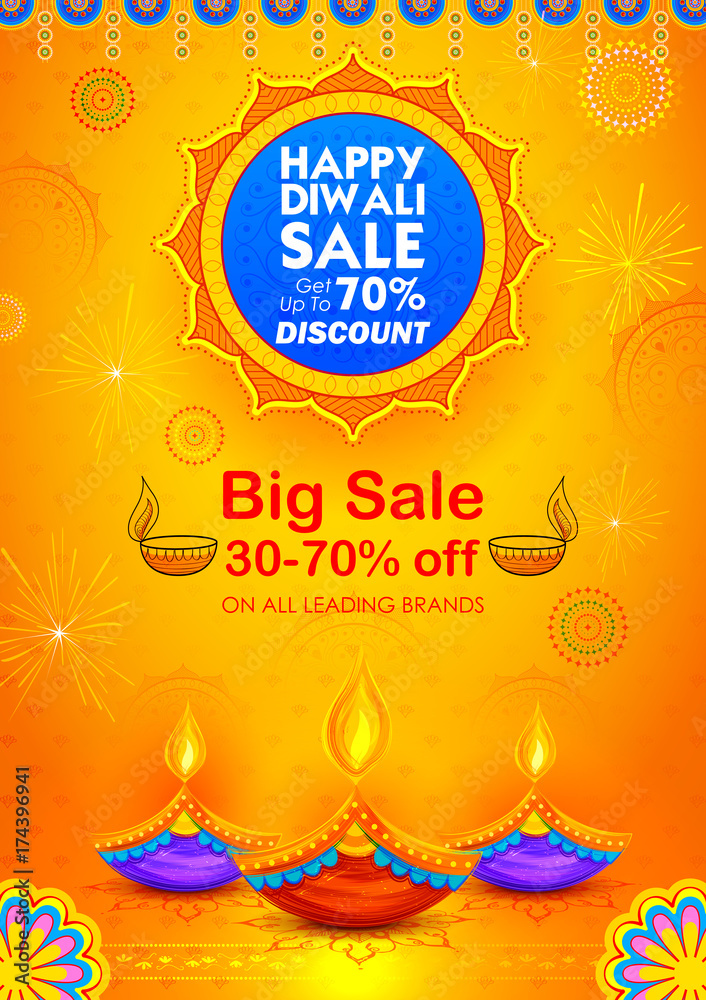 Naklejka premium Burning diya on Happy Diwali Holiday Sale promotion advertisement background for light festival of India