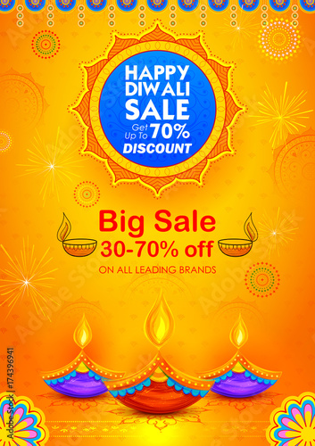 Burning diya on Happy Diwali Holiday Sale promotion advertisement background for light festival of India