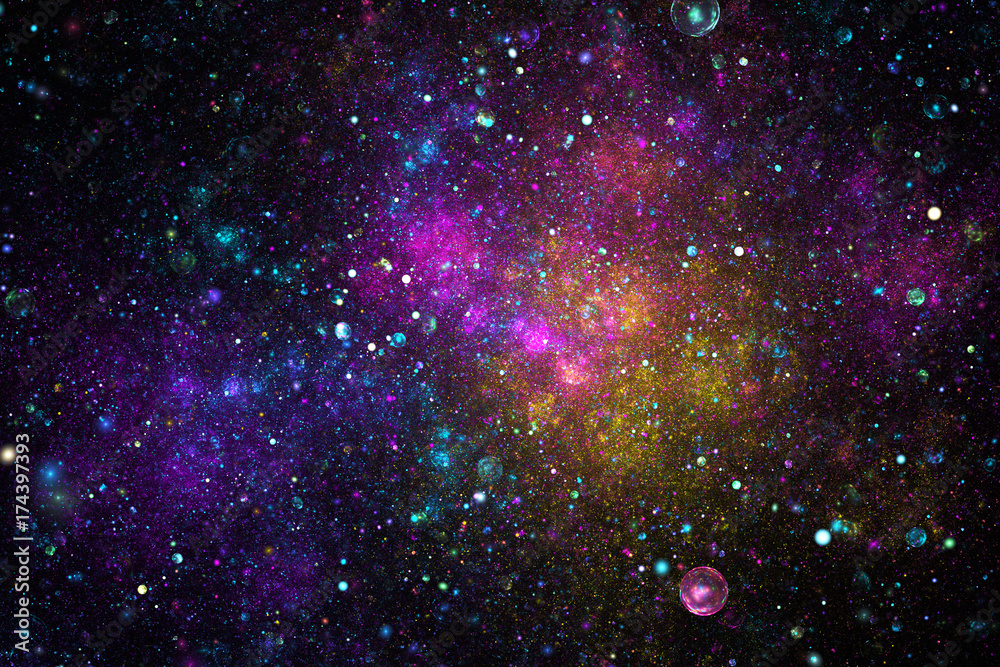 Purple starfall in a far galaxy. Print. Mystic endless galaxy texture on a  colored background. Stock Illustration