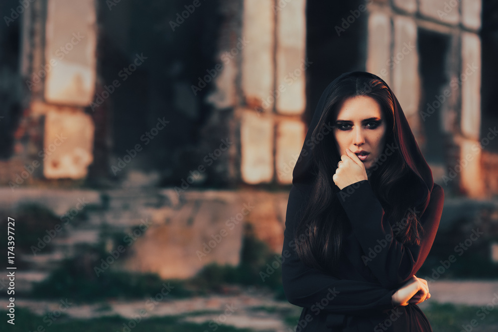 Mysterious Evil Vampire in Front of a Horror Abandoned House