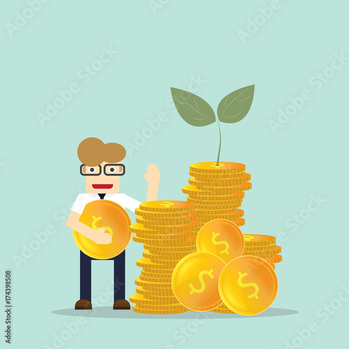 Young happy Business man hold money coin with icon of business and creativity. Business investment growth concept. start up - vector illustration