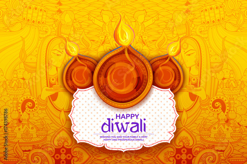Burning diya on Happy Diwali Holiday background for light festival of India