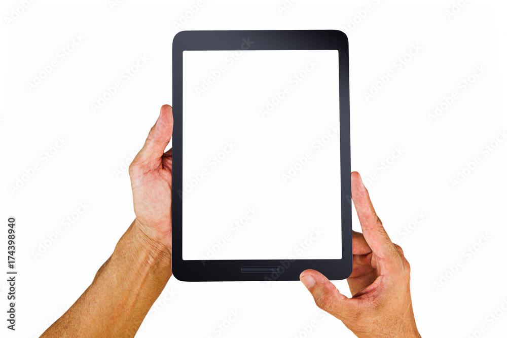 Man's hands holding blank white screen tablet computer on white background Man's hands holding blank white screen tablet computer on white background