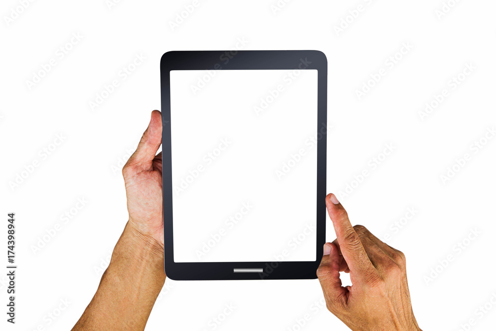 Man's hands holding blank white screen tablet computer on white background Man's hands holding blank white screen tablet computer on white background