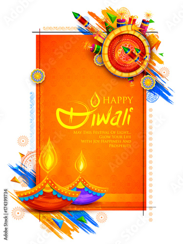 Burning diya and firecracker on Happy Diwali Holiday background for light festival of India