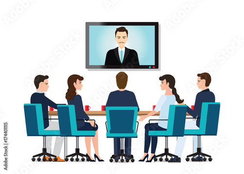 Business people attending videoconference meeting.