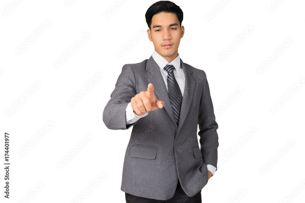 businessman writing on blank screen on white background businessman writing on blank screen on white background
