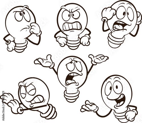 Cartoon lightbulb with different expressions. Vector clip art illustration. Each on a separate layer. 