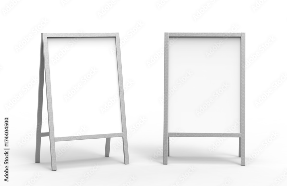 Blank white brushed metallic outdoor advertising stand mockup set, isolated, 3d rendering. Clear street signage board mock up. A-board with metal frame template Blank white brushed metallic outdoor advertising stand mockup set, isolated, 3d rendering. Clear street signage board mock up. A-board with metal frame template