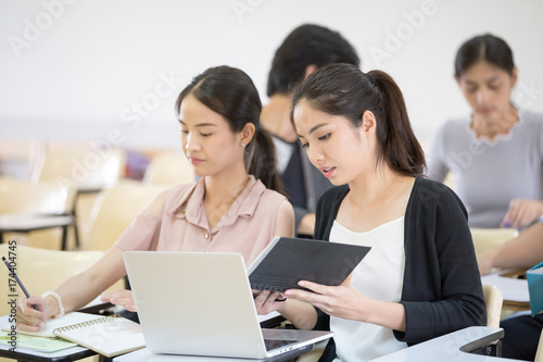 Asian People study together in classroom. People with Education concept.