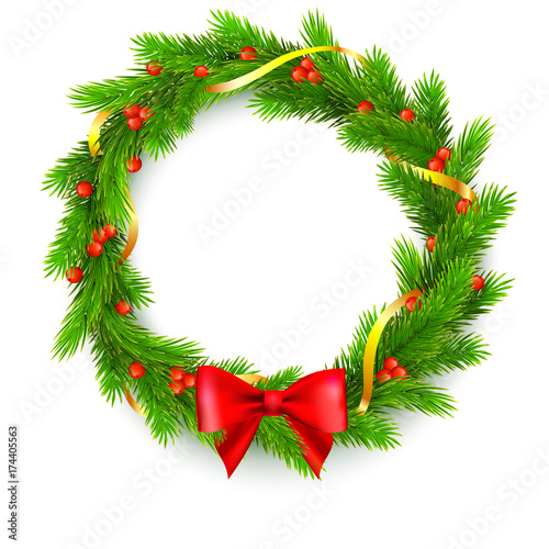 Traditional Christmas wreath made of green fir branches with red berries of viburnum, Golden ribbon and red bow on a white background. 3D illustration