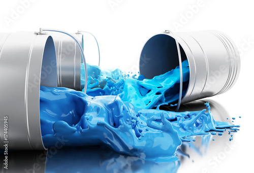 3d Blue paint splashing out of cans