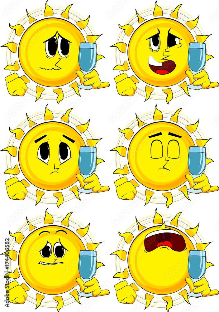 Cartoon sun with with a glass of water. Collection with sad faces. Expressions vector set.