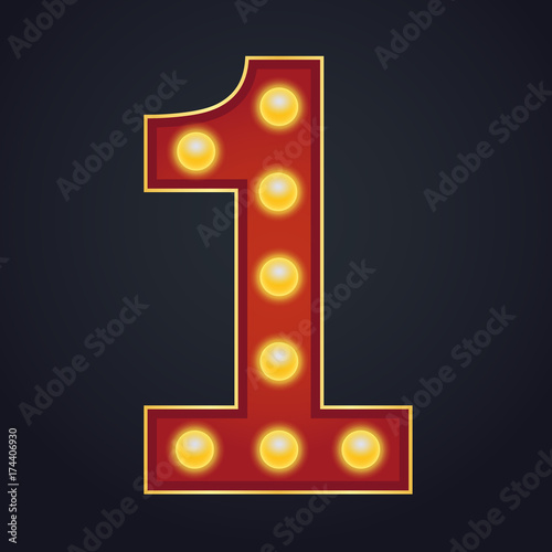 Letter number one alphabet sign marquee light bulb vintage carnival or circus style ,Vector illustration