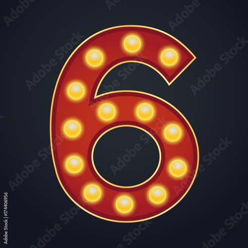Letter number six alphabet sign marquee light bulb vintage carnival or circus style ,Vector illustration