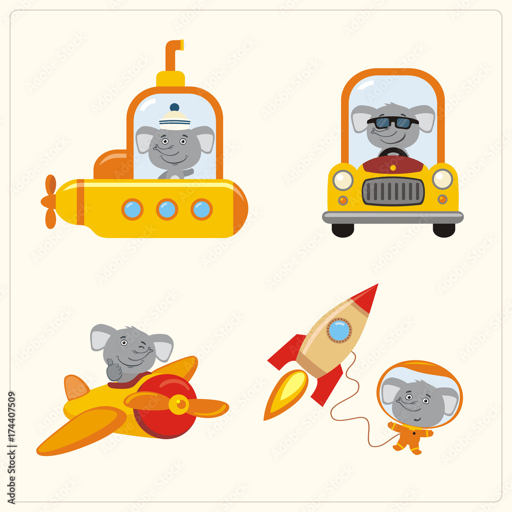Set of isolated elephant in various transport: airplane, submarine, car,  space rocket. Collection of funny elephant in transport in cartoon style.  Stock Vector | Adobe Stock