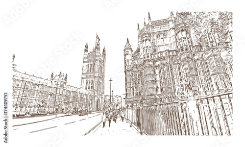 Sketch of Big Ben and houses of parliament London, UK (United Kingdom, England) in vector illustration.
