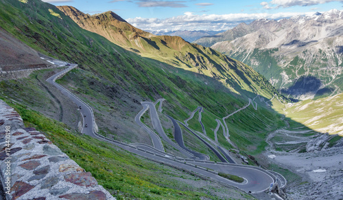 View of serpentine road of Stelvio Pass from above.