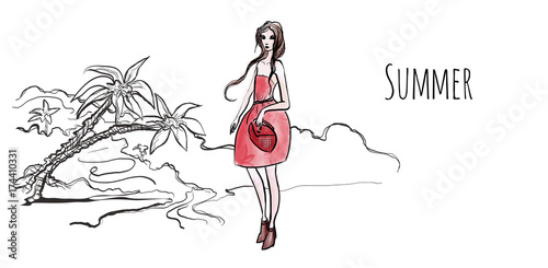 Young girl in red dress on sea beach, palm trees on the shore. Vector illustration in sketch style, isolated on white.