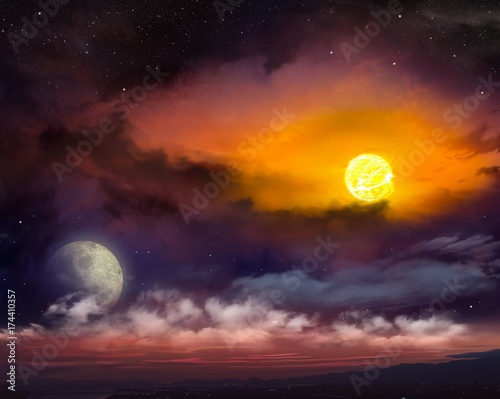 Red sunset and moon . Beautiful sunset with moon . Dramatic nature background . Moon sky and clouds .Full moon background  . Light in dark sky .