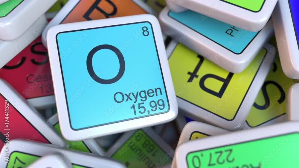 Oxygen block on the pile of periodic table of the chemical elements ...