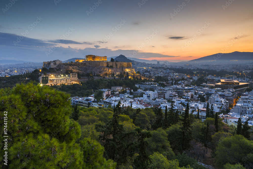 View of Athens from Filopappou hill at sunrise, Greece. 
