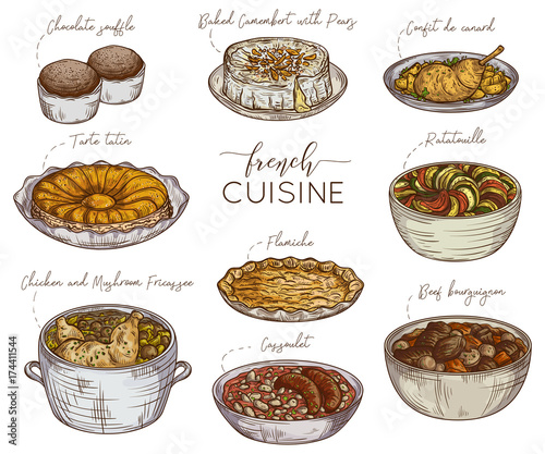 French cuisine. Collection of delicious food. Isolated elements. Concept design for decoration restaurants, menu. Vintage hand drawn vector illustration