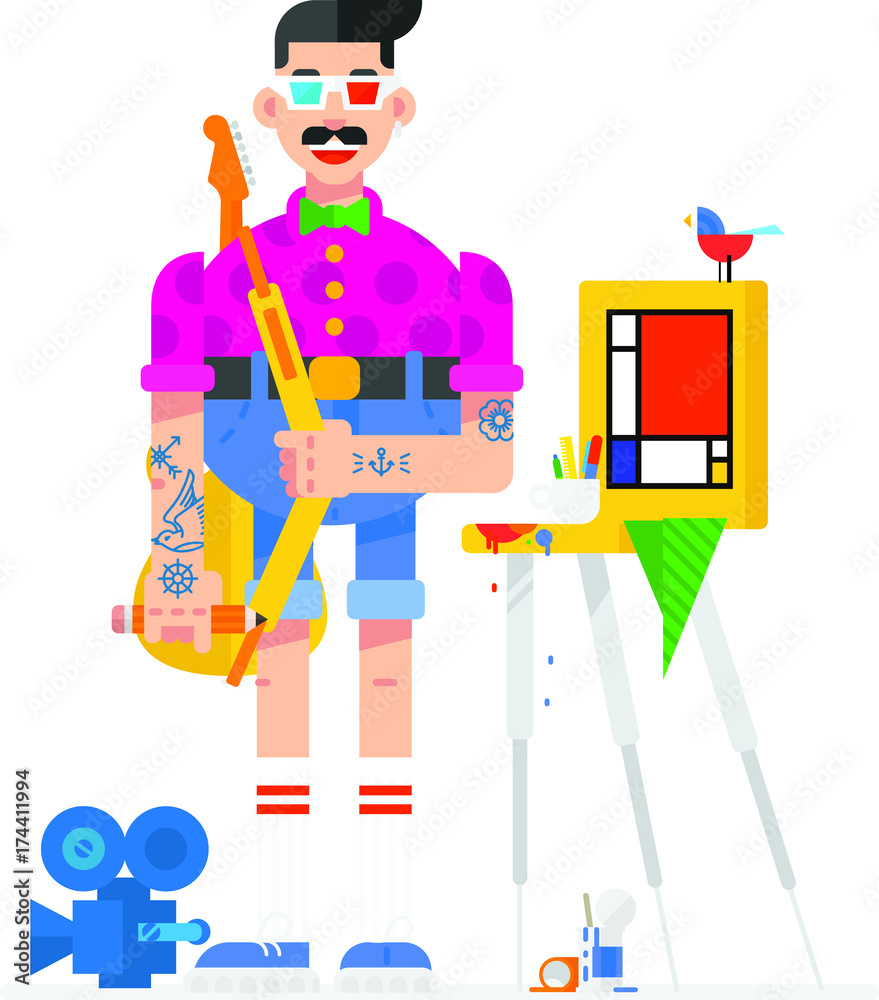 The artist in the style of the cartoon. Isolated object on white background. Vector illustration.