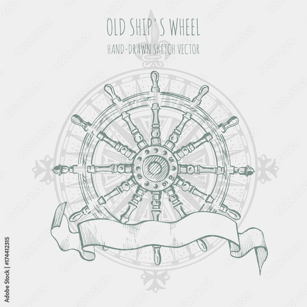 Old ship's wheel steering. Hand drawn vector sketch.