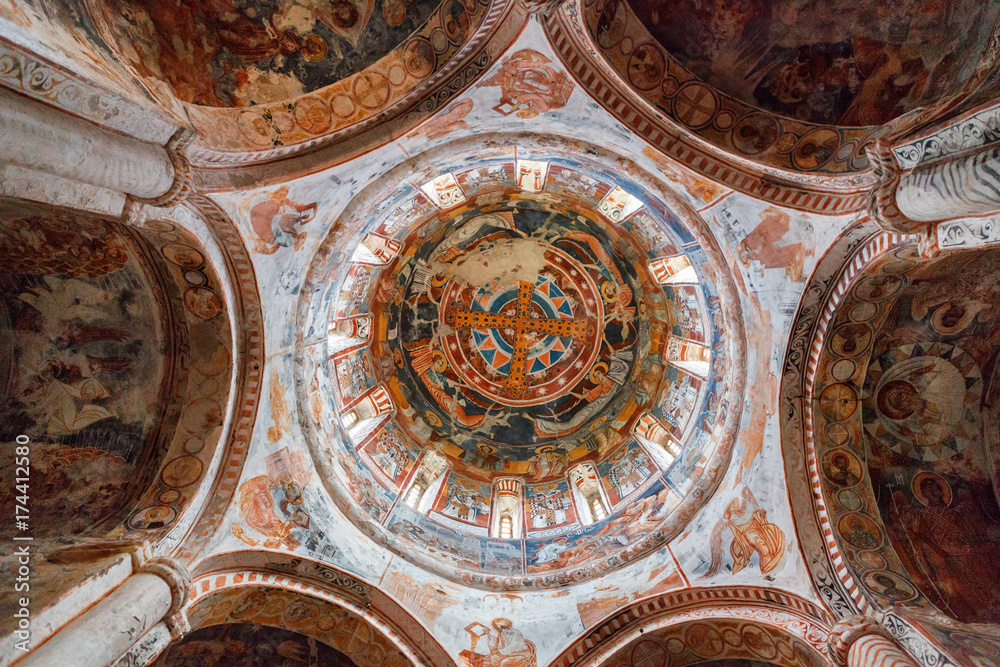 Interior and frescoes mural in Nikortsminda Cathedral in Racha, Georgia