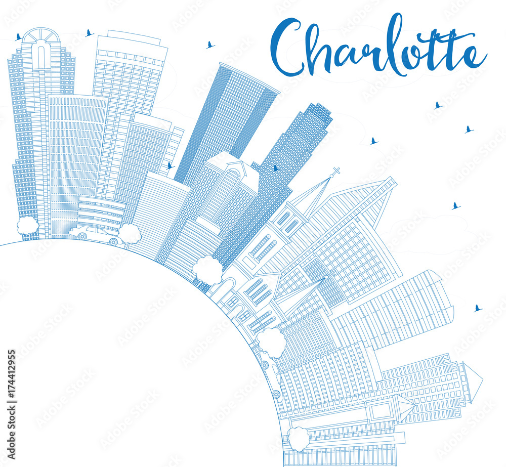 Outline Charlotte Skyline with Blue Buildings and Copy Space.