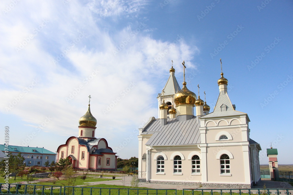 church, temple, religion, orthodox, orthodox, monastery, bell tower, crosses, architecture, white, gold, domes, bells, building, landscape, admire the view of the temple, sky, summer, exterior, Russia