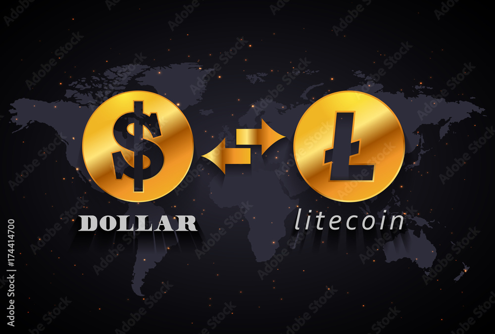 American Dollar to Litecoin currency exchange infographic template on world map background American Dollar to Litecoin currency exchange infographic template on world map background