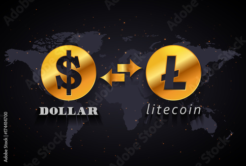 American Dollar to Litecoin currency exchange infographic template on world map background
