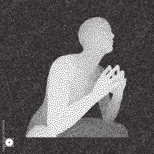 Sitting man. 3D Model of Man. Black and white grainy dotwork design. Stippled vector illustration.