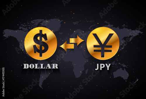American Dollar to Japanese Yen currency exchange infographic template on world map background