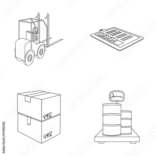 Forklift, delivery slips, packaged goods, cargo on weighing scales. Logistics and delivery set collection icons in outline style isometric vector symbol stock illustration web.