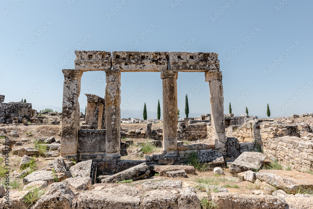 Ancient ruins in Hierapolis, Pamukkale, Turkey. UNESCO World Heritage..