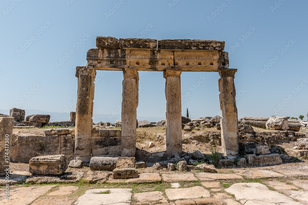 Ancient ruins in Hierapolis, Pamukkale, Turkey. UNESCO World Heritage..