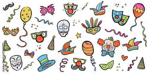Set: Handgezeichnete Karnevals-Symbole / farbenfroh, Kreidezeichnung, Vektor, freigestellt