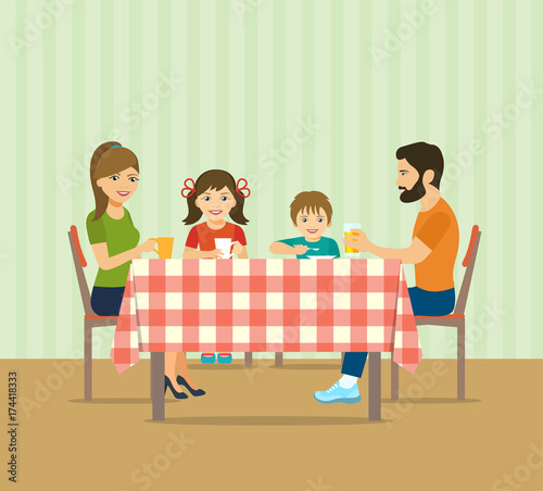 Happy family sitting at the kitchen table.Vector flat illustration.