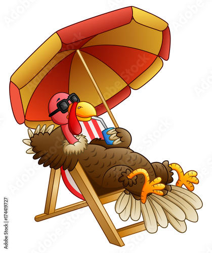 Cartoon turkey bird sitting on beach chair