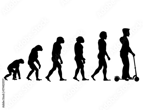 Theory evolution of human. From monkey to man on scooter .