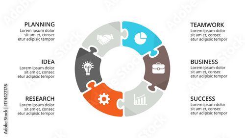 Vector circle puzzle infographic, cycle diagram, graph, presentation chart. Business concept with 6 options, parts, steps, processes. 16x9 slide template.