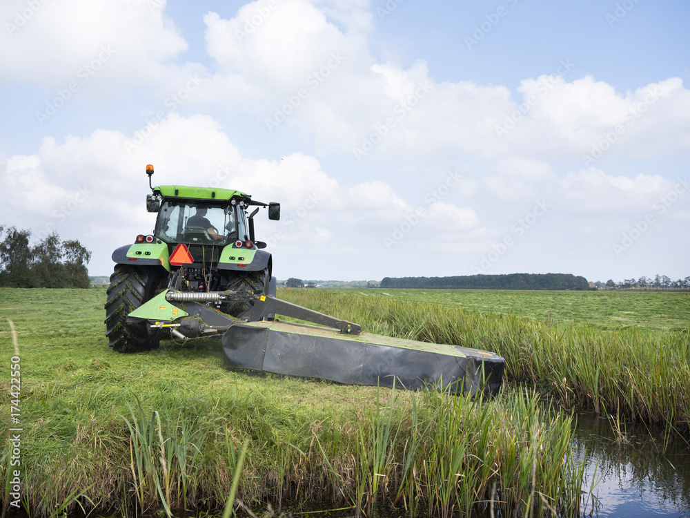 Fototapeta premium farmer mows meadow in landscape near utrecht in the netherlands