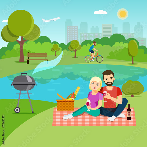 Young happy couple having picnic and drinking red wine the lake in the Park. Vector flat illustration.