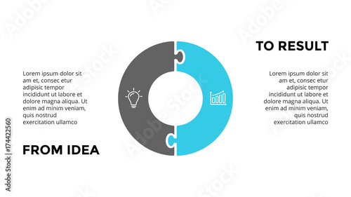 Vector circle puzzle infographic, cycle diagram, graph, presentation chart. Business concept with 2 options, parts, steps, processes. From idea to result. 16x9 dark slide template.